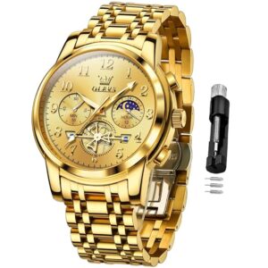 OLEVS Men's Business Watch Gold Blue with Large Easy-Read Analog Quartz Date Display Luxury Stainless Steel Band Waterproof Luminous Hands