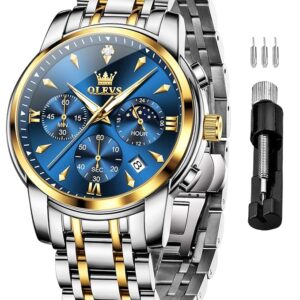 OLEVS Watches for Men Original Chronograph Luxury Business Analog Quartz Watch Waterproof Moon Phase Stainsteel Steel Diamond Mens Watch